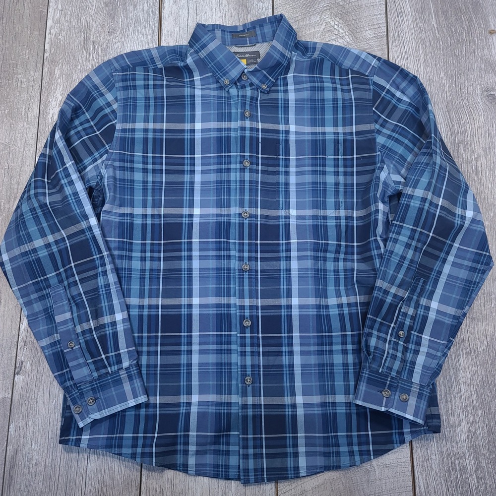 Eddie Bauer Button Travex Shirt Mens Large Blue Plaid Classic Mesh Long Sleeve